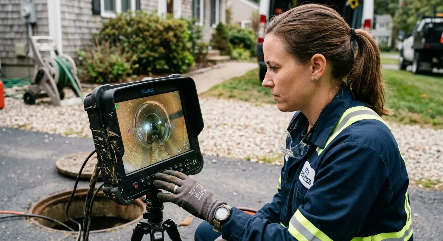Technician reviewing sewer camera inspection footage in Pittstown