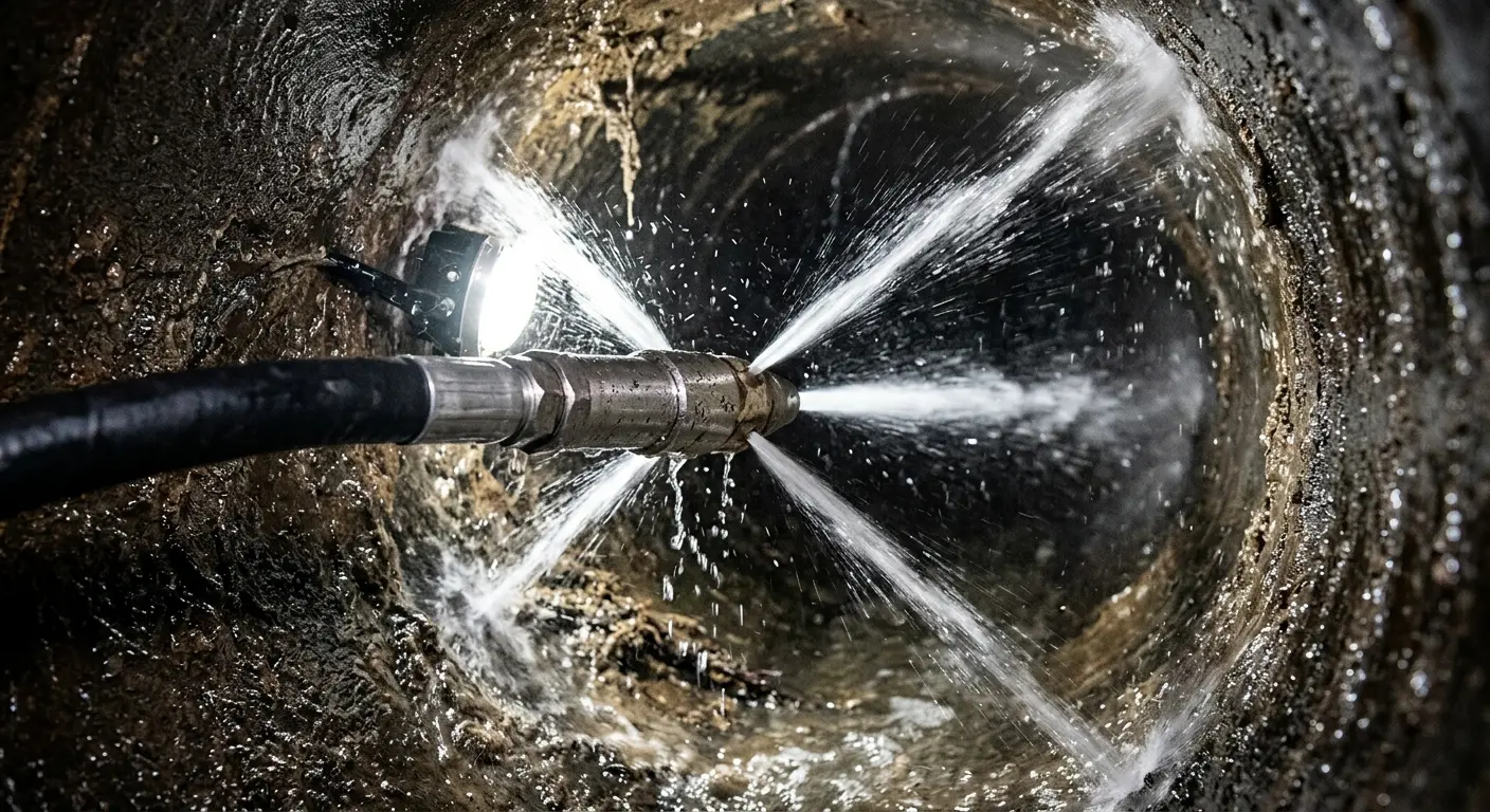 High-pressure hydro jetting nozzle cleaning sewer pipe for Trenchless Sewer Repair in Pittstown