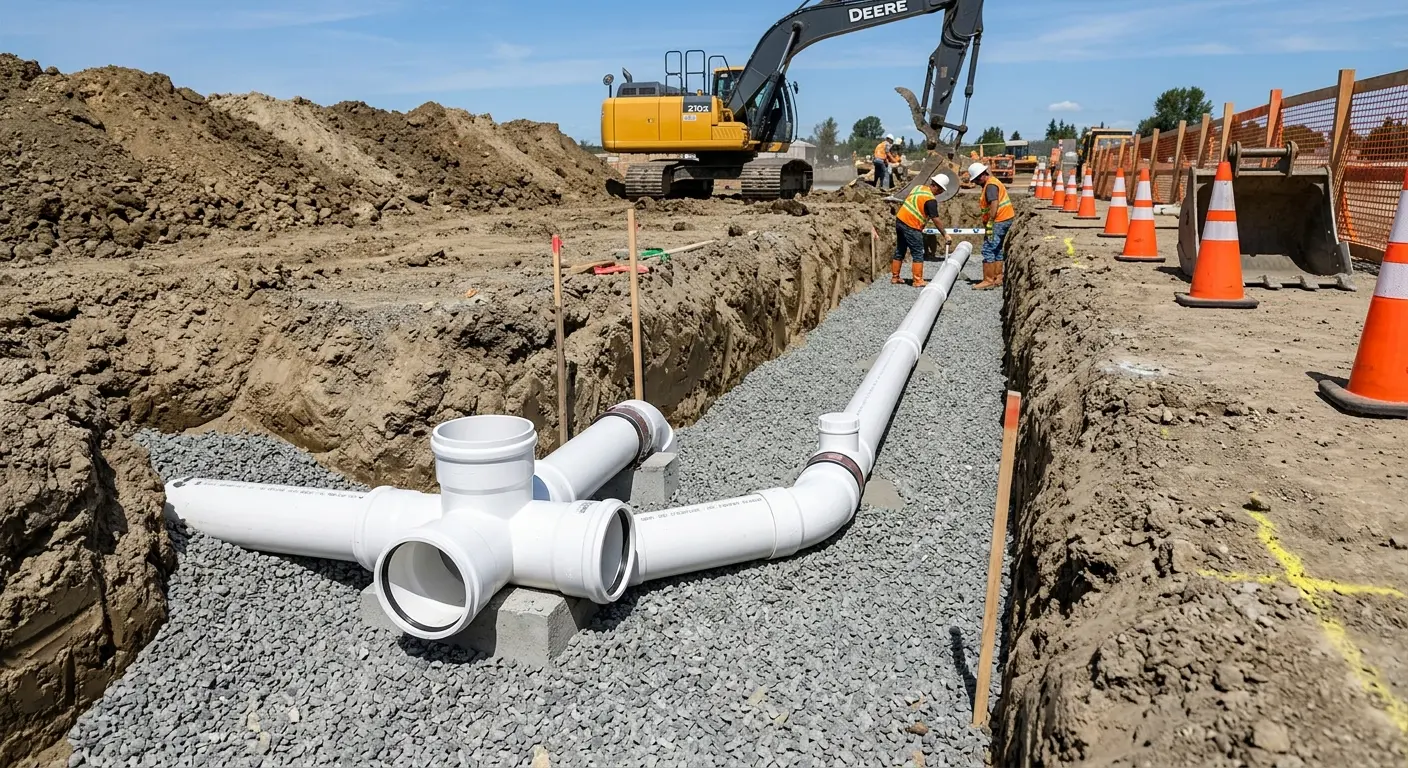 New PVC sewer pipe installation in open trench for Sewer Camera Inspection in Pittstown