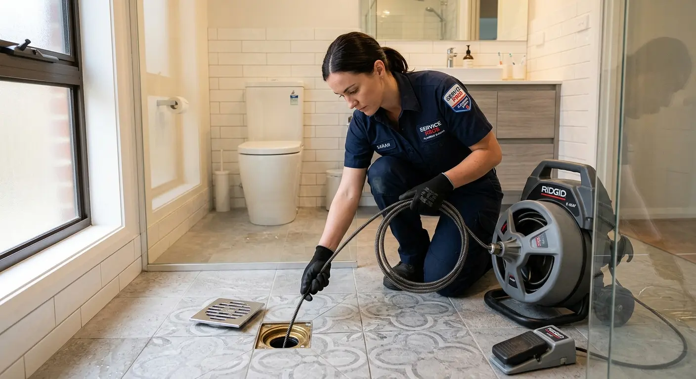 Technician clearing a bathroom floor drain for Sewer Line Installation in Pittstown